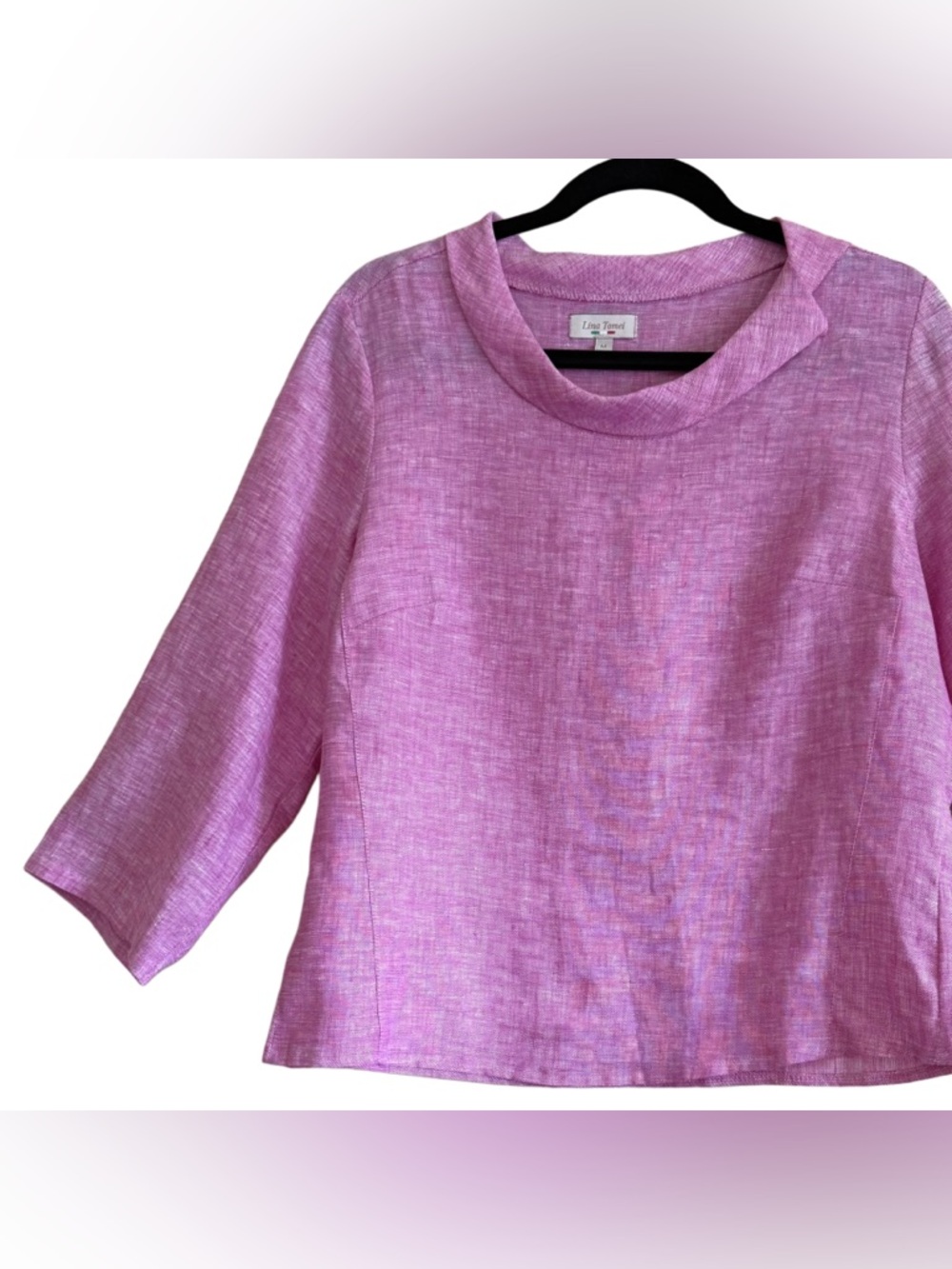 Lina Tomei 100% Linen Preppy Feminine Minimalist Retro Fold Over Collar Top Sz M - Picture 3 of 9